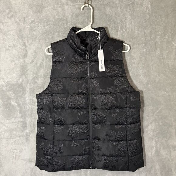 NWT CHICO'S JACQUARD PUFFER VEST WOMENS 1 MEDIUM BLACK/BLACK FULL ZIP FLORAL - Picture 2 of 8